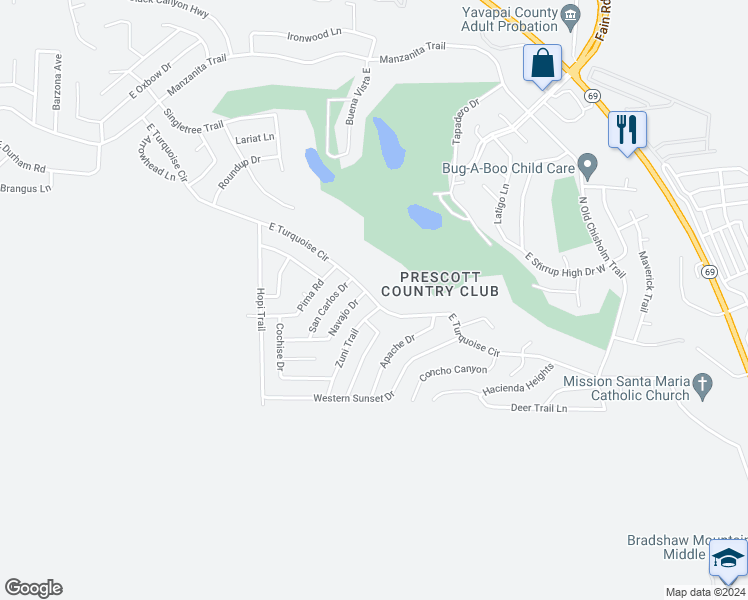 map of restaurants, bars, coffee shops, grocery stores, and more near 11318 East Turquoise Circle in Yavapai County
