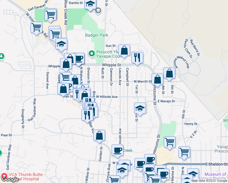 map of restaurants, bars, coffee shops, grocery stores, and more near 722 Dameron Drive in Prescott
