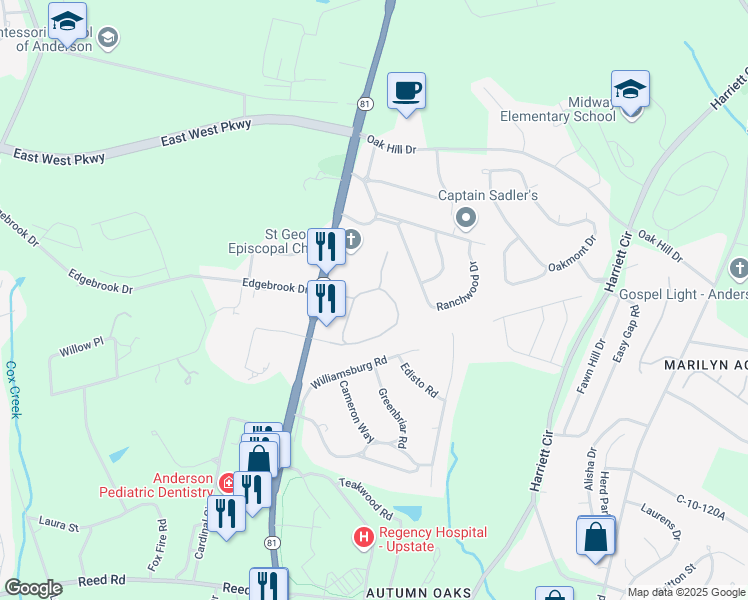 map of restaurants, bars, coffee shops, grocery stores, and more near 151 Wexford Drive in Anderson