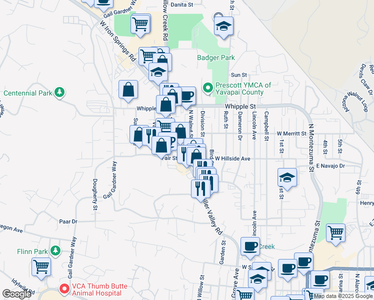 map of restaurants, bars, coffee shops, grocery stores, and more near 728 North Walnut Street in Prescott