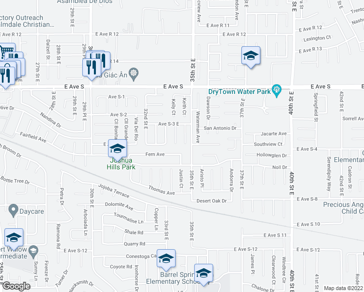 map of restaurants, bars, coffee shops, grocery stores, and more near 37005 Justin Court in Palmdale