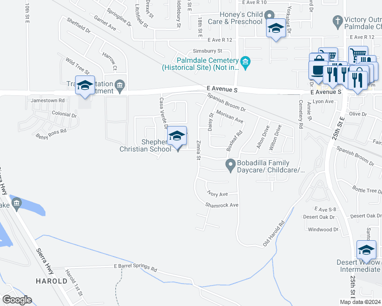 map of restaurants, bars, coffee shops, grocery stores, and more near 1760 High Vista Avenue in Palmdale