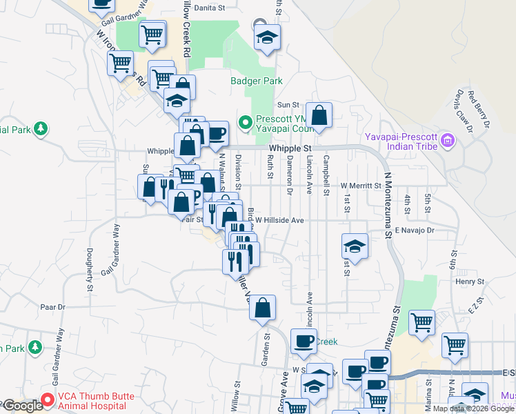 map of restaurants, bars, coffee shops, grocery stores, and more near 717 Bird Street in Prescott