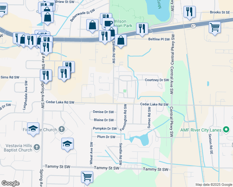 map of restaurants, bars, coffee shops, grocery stores, and more near 431 Covina Drive Southwest in Decatur