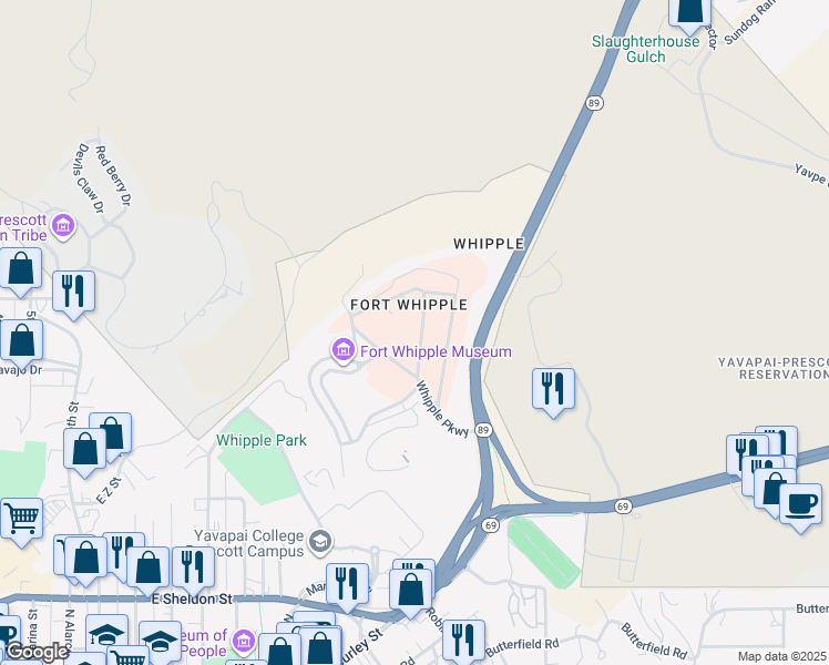 map of restaurants, bars, coffee shops, grocery stores, and more near 500 Highway 89 in Prescott