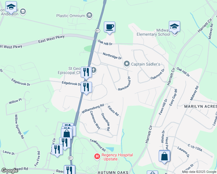 map of restaurants, bars, coffee shops, grocery stores, and more near 150 Wexford Drive in Anderson