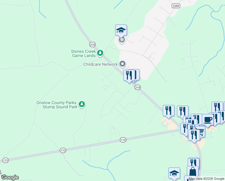 map of restaurants, bars, coffee shops, grocery stores, and more near 210 Sandpiper Drive in North Topsail Beach