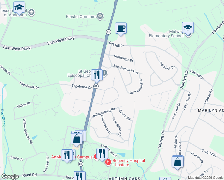 map of restaurants, bars, coffee shops, grocery stores, and more near 151 Wexford Drive in Anderson