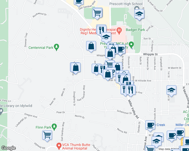 map of restaurants, bars, coffee shops, grocery stores, and more near 812 Sunset Avenue in Prescott