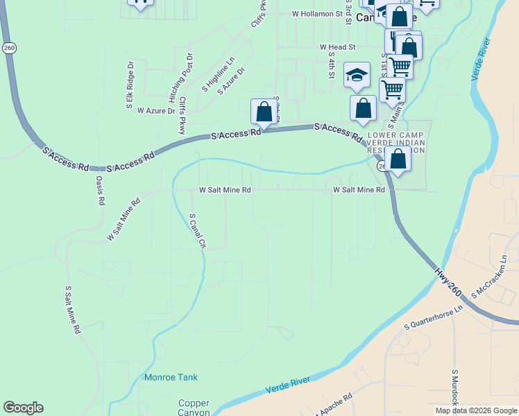 map of restaurants, bars, coffee shops, grocery stores, and more near 1100 Rio Verde Lane in Camp Verde
