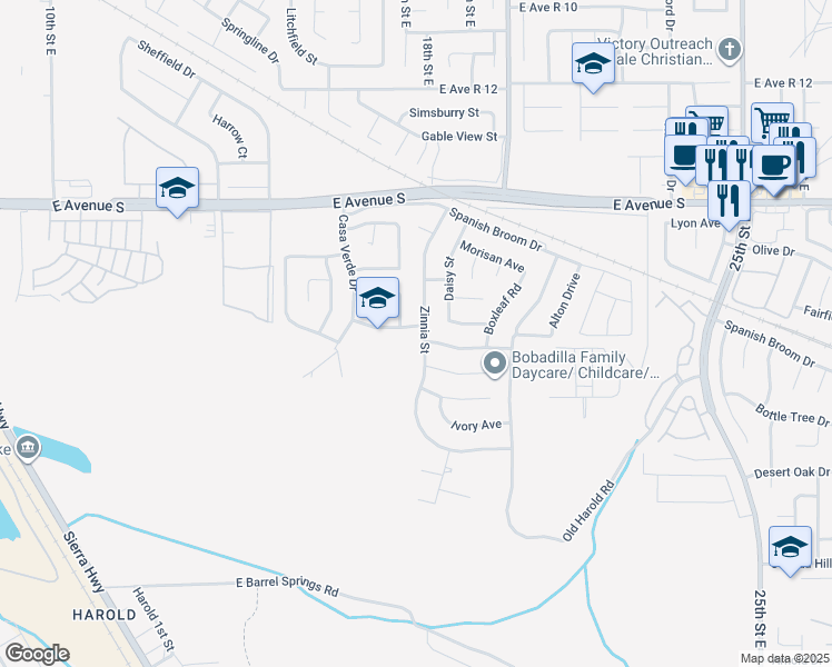 map of restaurants, bars, coffee shops, grocery stores, and more near 37011 Zinnia Street in Palmdale
