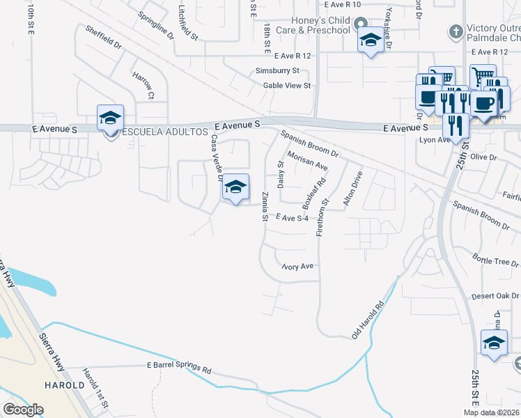 map of restaurants, bars, coffee shops, grocery stores, and more near 37011 Zinnia Street in Palmdale