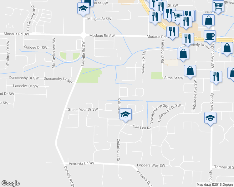 map of restaurants, bars, coffee shops, grocery stores, and more near 1527 Oak Lea Road Southwest in Decatur