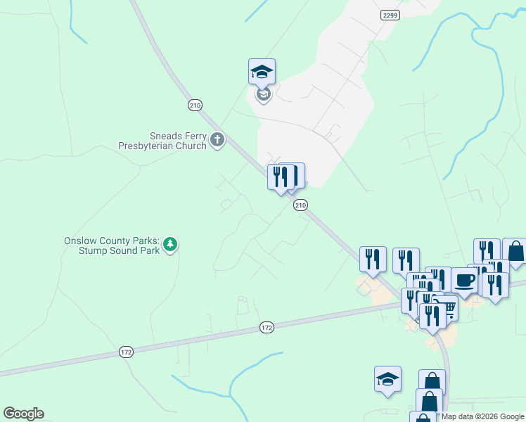 map of restaurants, bars, coffee shops, grocery stores, and more near 204 Sand Piper Place in Holly Ridge