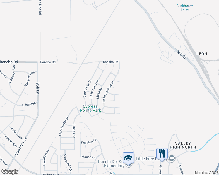 map of restaurants, bars, coffee shops, grocery stores, and more near 16770 Desert Willow Street in Victorville