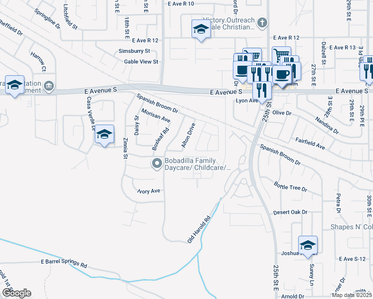 map of restaurants, bars, coffee shops, grocery stores, and more near 37046 Alton Drive in Palmdale