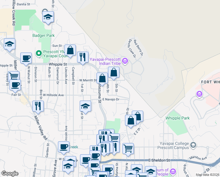 map of restaurants, bars, coffee shops, grocery stores, and more near 725 4th Street in Prescott