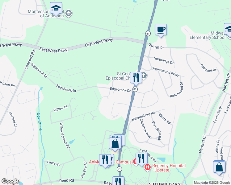 map of restaurants, bars, coffee shops, grocery stores, and more near 115 Edgebrook Drive in Anderson