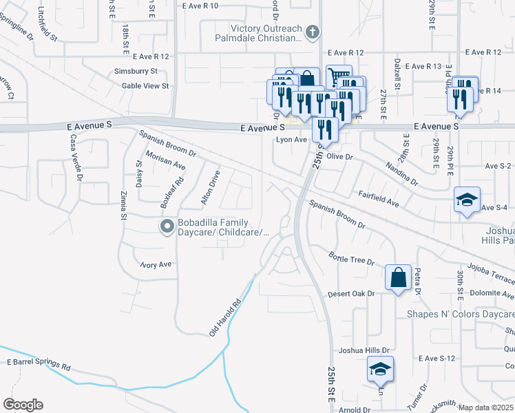map of restaurants, bars, coffee shops, grocery stores, and more near 37068 Waltham Place in Palmdale