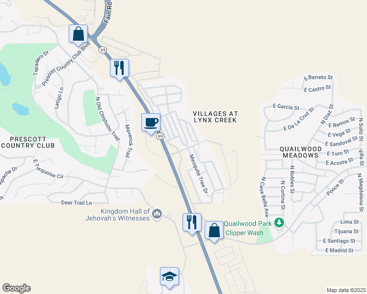 map of restaurants, bars, coffee shops, grocery stores, and more near 37 Village Creek Boulevard in Prescott Valley