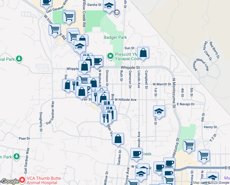 map of restaurants, bars, coffee shops, grocery stores, and more near 722 Ruth Street in Prescott