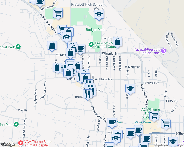 map of restaurants, bars, coffee shops, grocery stores, and more near 734b Division Street in Prescott