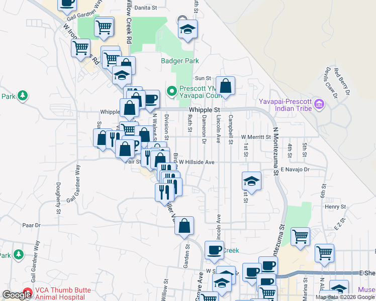 map of restaurants, bars, coffee shops, grocery stores, and more near 722 Ruth Street in Prescott
