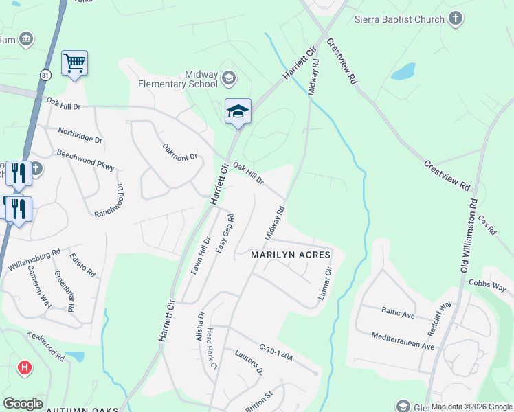 map of restaurants, bars, coffee shops, grocery stores, and more near 72 Hillsborough Drive in Anderson