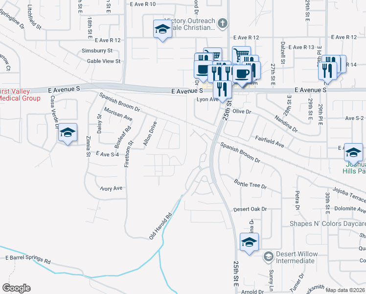 map of restaurants, bars, coffee shops, grocery stores, and more near 37068 Waltham Place in Palmdale