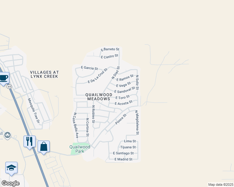 map of restaurants, bars, coffee shops, grocery stores, and more near 12957 East Sandoval Street in Prescott Valley