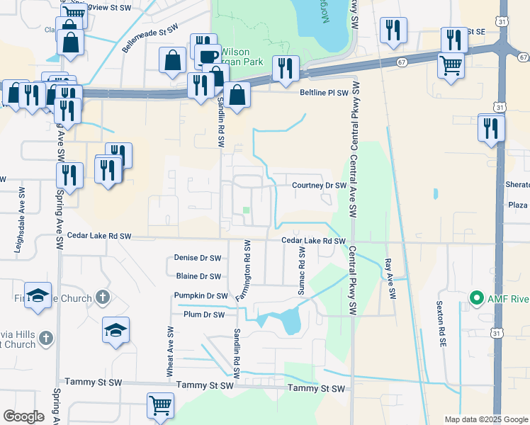 map of restaurants, bars, coffee shops, grocery stores, and more near 2831 Westchester Drive Southwest in Decatur