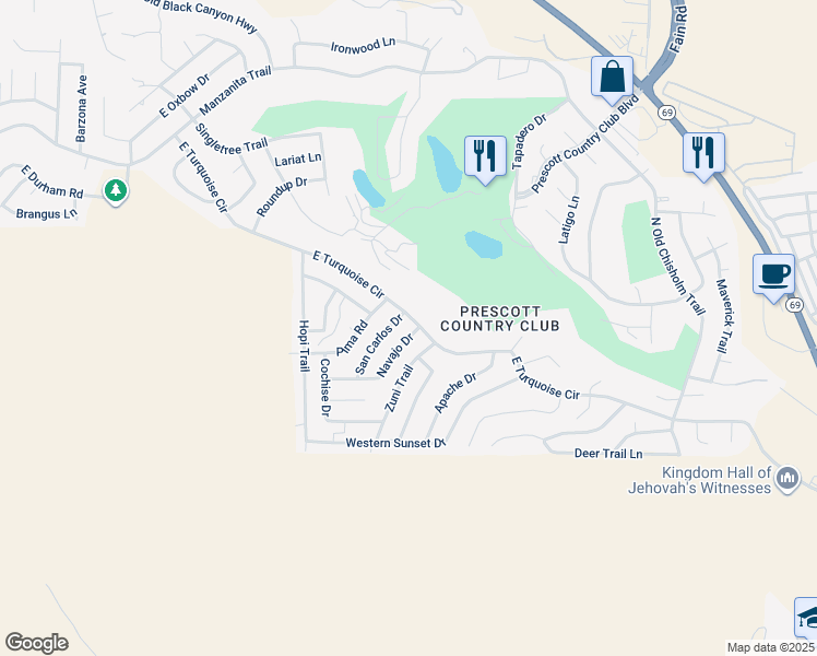 map of restaurants, bars, coffee shops, grocery stores, and more near 796 Navajo Drive in Yavapai County