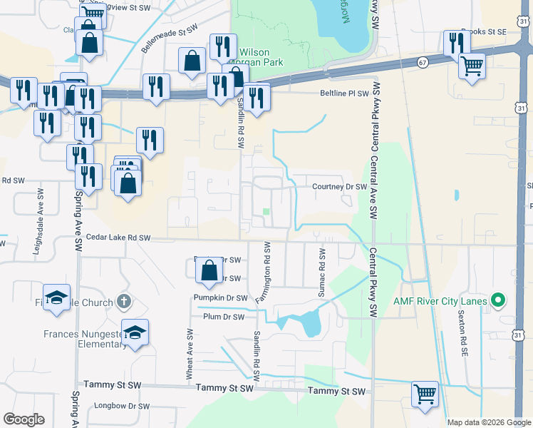 map of restaurants, bars, coffee shops, grocery stores, and more near 444 Covina Drive Southwest in Decatur