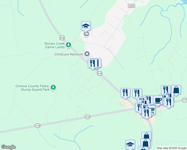 map of restaurants, bars, coffee shops, grocery stores, and more near 112 Village Drive in Sneads Ferry