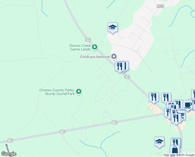 map of restaurants, bars, coffee shops, grocery stores, and more near 623 Shoreview Drive in Holly Ridge