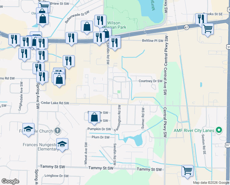 map of restaurants, bars, coffee shops, grocery stores, and more near 444 Covina Drive Southwest in Decatur