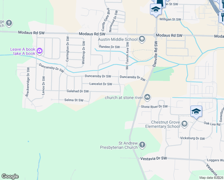 map of restaurants, bars, coffee shops, grocery stores, and more near 2106 Galahad Drive Southwest in Decatur