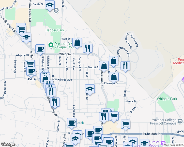 map of restaurants, bars, coffee shops, grocery stores, and more near 726 2nd Street in Prescott
