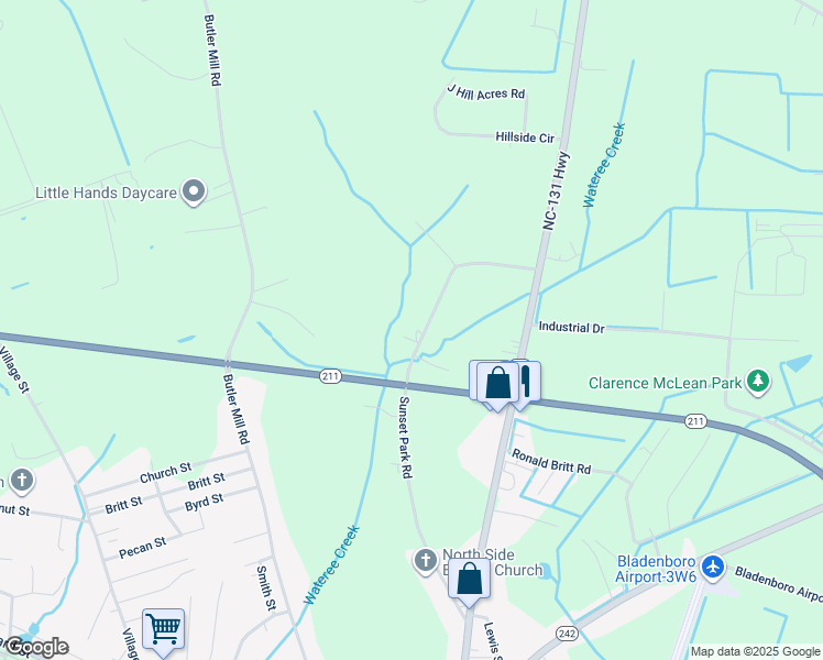 map of restaurants, bars, coffee shops, grocery stores, and more near 352 Sunset Park Road in Bladenboro