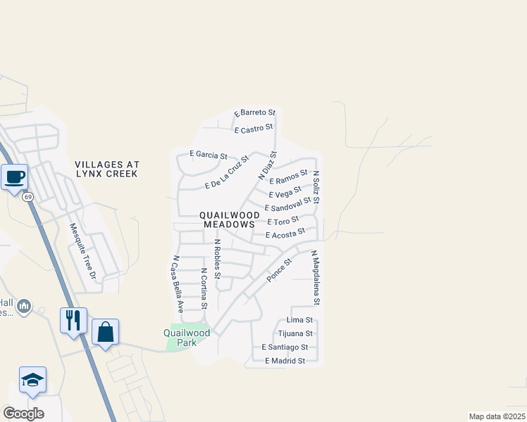 map of restaurants, bars, coffee shops, grocery stores, and more near 12957 East Sandoval Street in Prescott Valley