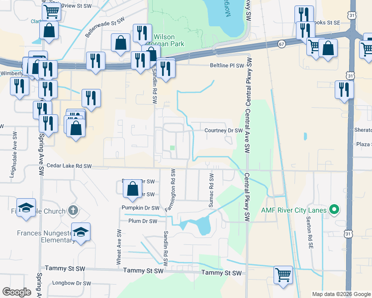 map of restaurants, bars, coffee shops, grocery stores, and more near 2829 Westchester Drive Southwest in Decatur
