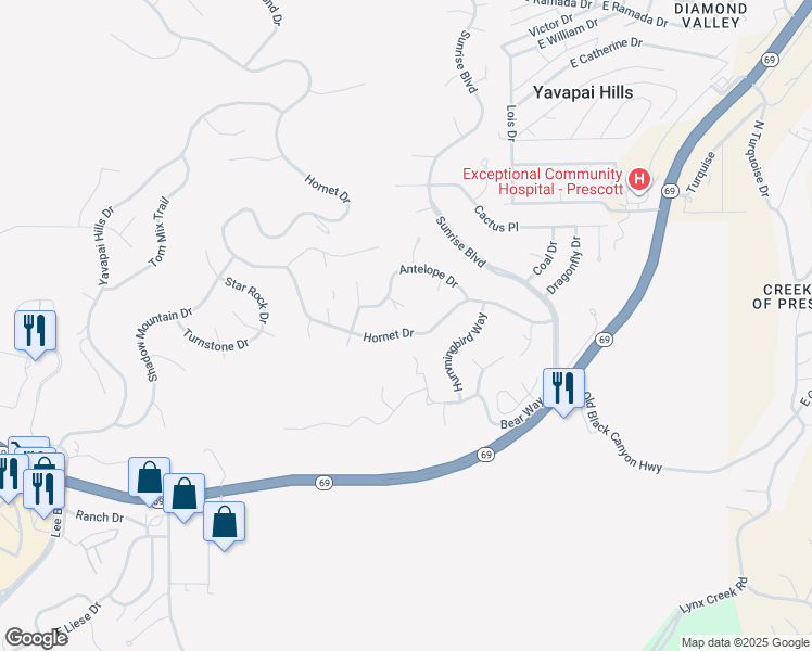 map of restaurants, bars, coffee shops, grocery stores, and more near 4910 Hornet Drive in Prescott