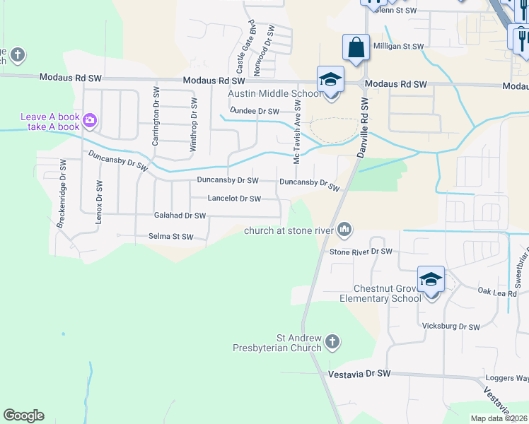 map of restaurants, bars, coffee shops, grocery stores, and more near 2106 Galahad Drive Southwest in Decatur