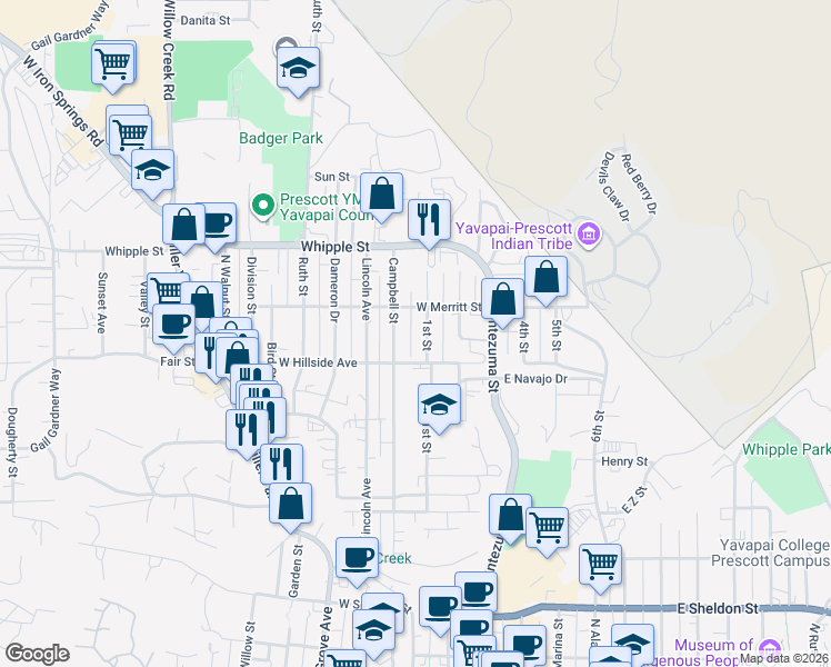map of restaurants, bars, coffee shops, grocery stores, and more near 721 Campbell Street in Prescott