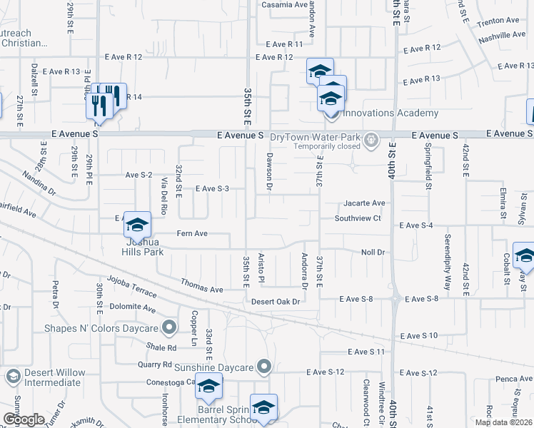 map of restaurants, bars, coffee shops, grocery stores, and more near 3531 Southview Court in Palmdale