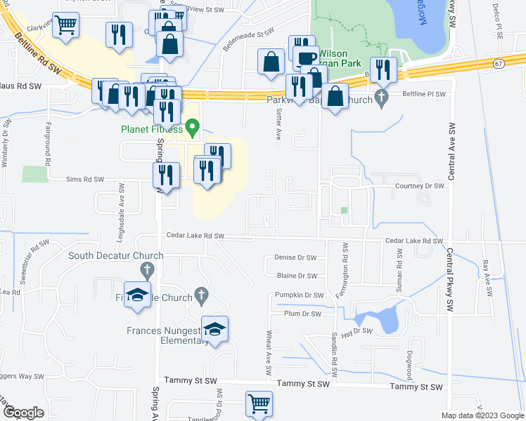 map of restaurants, bars, coffee shops, grocery stores, and more near 700 Cedar Lake Road Southwest in Decatur