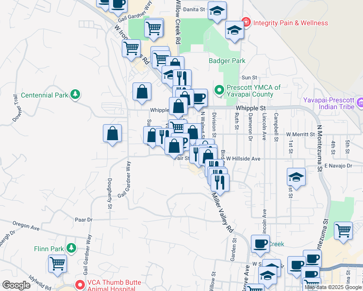 map of restaurants, bars, coffee shops, grocery stores, and more near 950 Fair Street in Prescott