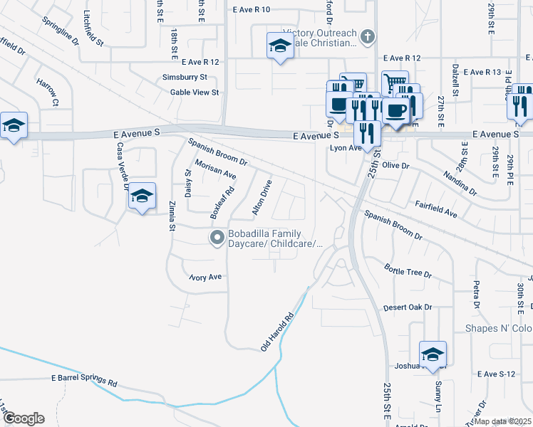 map of restaurants, bars, coffee shops, grocery stores, and more near 37046 Alton Drive in Palmdale