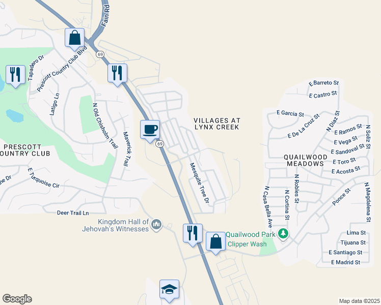 map of restaurants, bars, coffee shops, grocery stores, and more near 37 Village Creek Boulevard in Prescott Valley