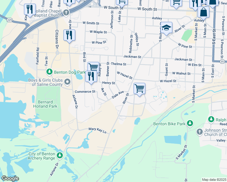 map of restaurants, bars, coffee shops, grocery stores, and more near 1031 Spangle Street in Benton